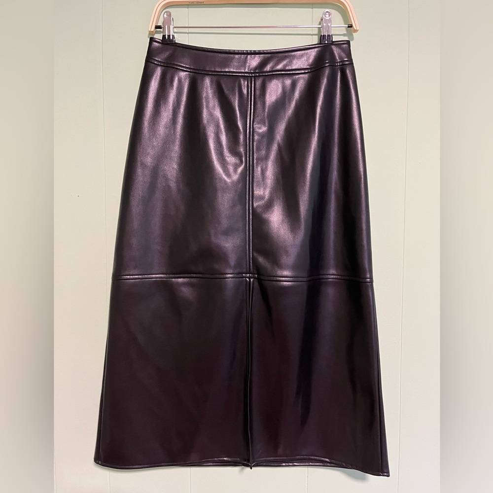 Faux Leather A-line Midi Skirt with Front Slit - size Small